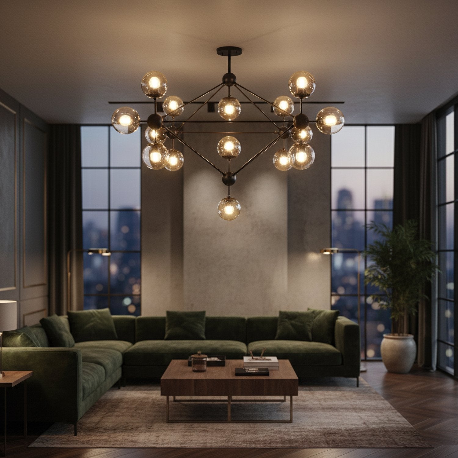 modern-black-geometric-chandelier-with-cognac-glass-globes-for-mid-century-living-spaces