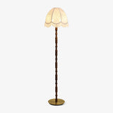 Vintage Walnut Wood Floor Lamp with Printed Tassel Fabric Shade Accent