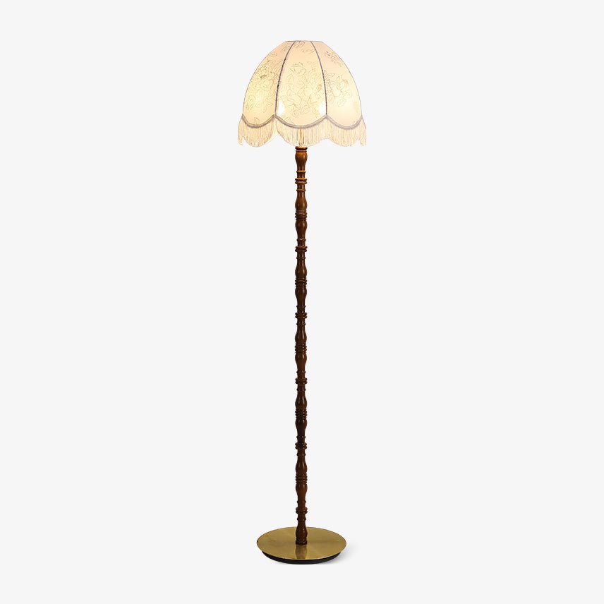 Vintage Walnut Wood Floor Lamp with Printed Tassel Fabric Shade Accent