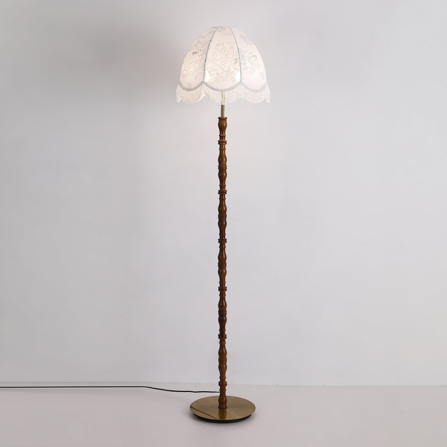 Vintage Walnut Wood Floor Lamp with Printed Tassel Fabric Shade Accent