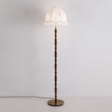 Vintage Walnut Wood Floor Lamp with Printed Tassel Fabric Shade Accent