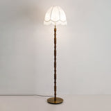 Vintage Walnut Wood Floor Lamp with Printed Tassel Fabric Shade Accent