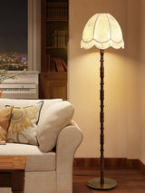 Vintage Walnut Wood Floor Lamp with Printed Tassel Fabric Shade Accent