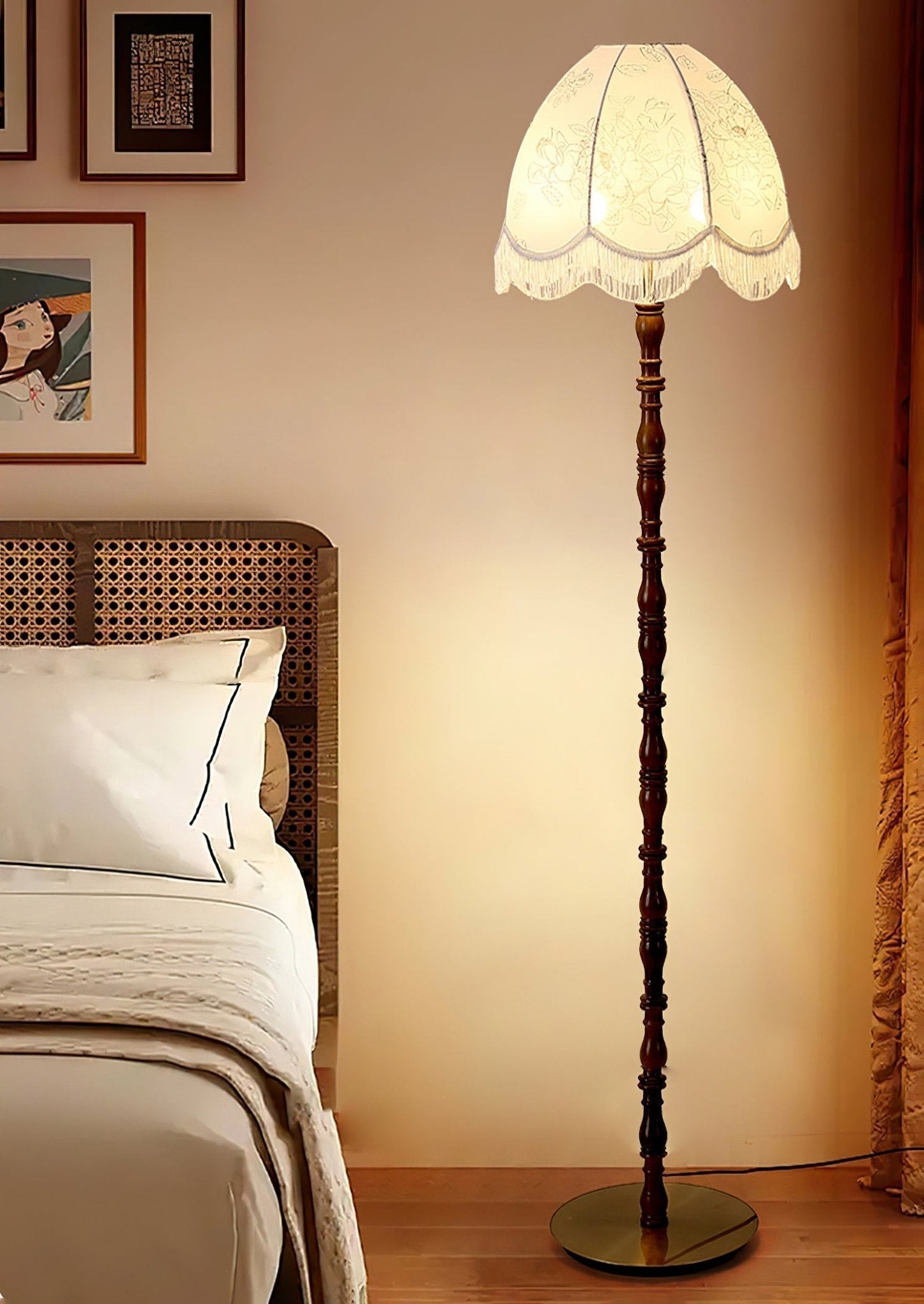 Vintage Walnut Wood Floor Lamp with Printed Tassel Fabric Shade Accent