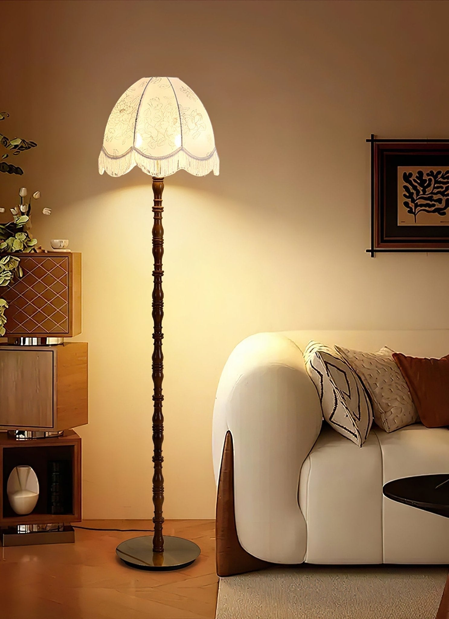 Vintage Walnut Wood Floor Lamp with Printed Tassel Fabric Shade Accent