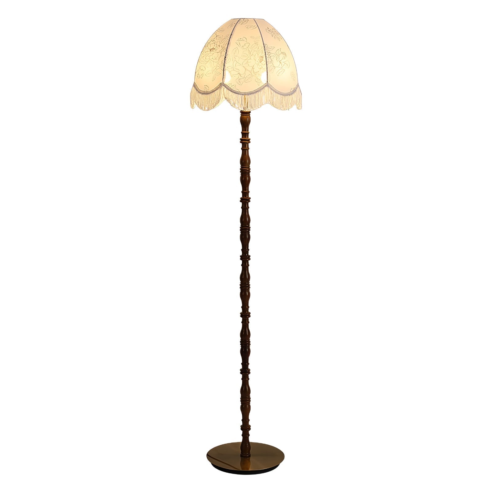 Vintage Walnut Wood Floor Lamp with Printed Tassel Fabric Shade Accent