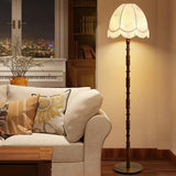 Vintage Walnut Wood Floor Lamp with Printed Tassel Fabric Shade Accent