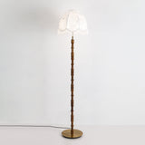 Vintage Walnut Wood Floor Lamp with Printed Tassel Fabric Shade Accent