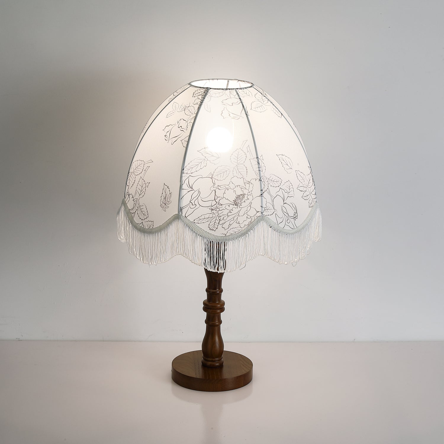 Vintage Printed Tassel Table Lamp with Walnut Wood Base and Fabric Shade for Bedroom