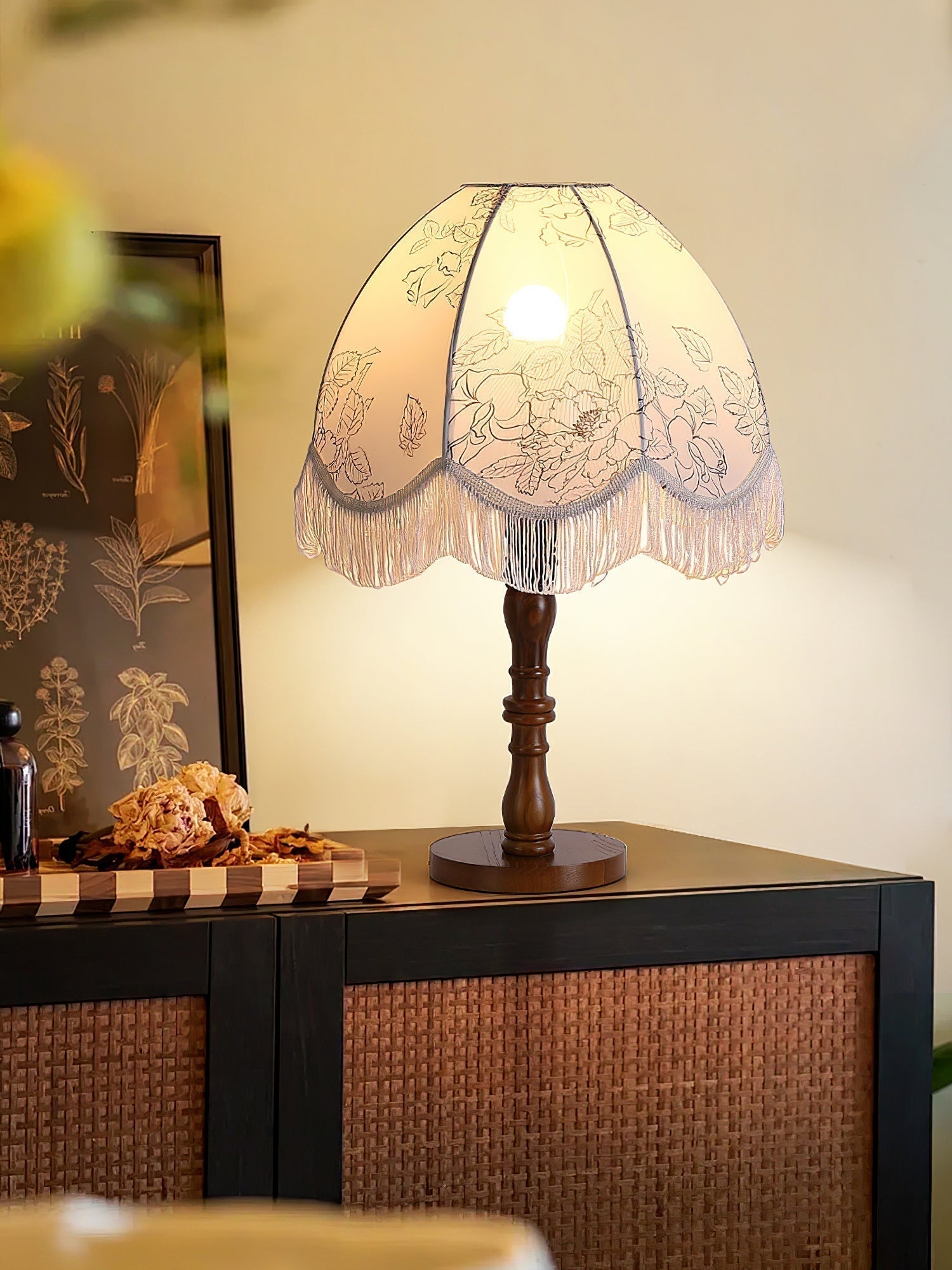 Vintage Printed Tassel Table Lamp with Walnut Wood Base and Fabric Shade for Bedroom