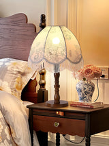 Vintage Printed Tassel Table Lamp with Walnut Wood Base and Fabric Shade for Bedroom