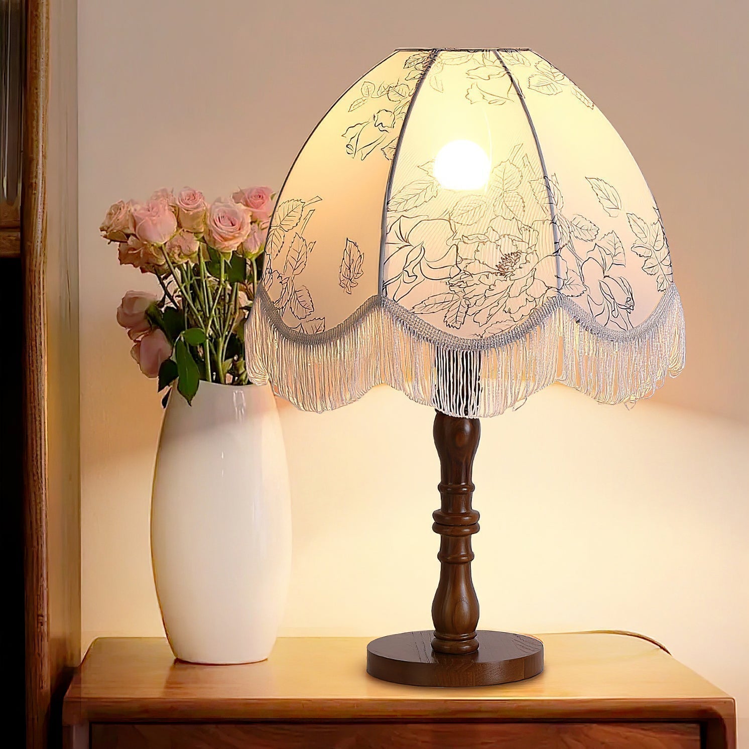 Vintage Printed Tassel Table Lamp with Walnut Wood Base and Fabric Shade for Bedroom