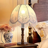Vintage Printed Tassel Table Lamp with Walnut Wood Base and Fabric Shade for Bedroom