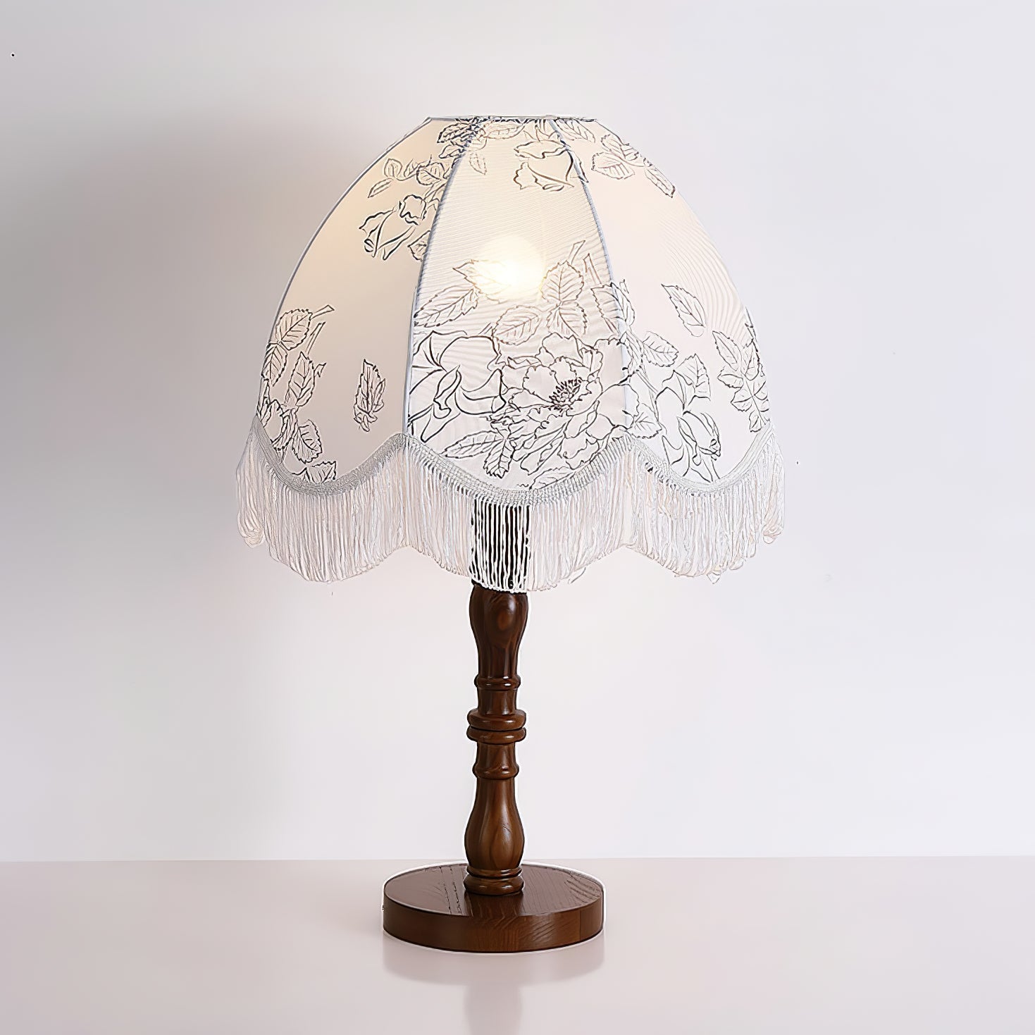 Vintage Printed Tassel Table Lamp with Walnut Wood Base and Fabric Shade for Bedroom