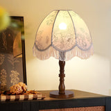 Vintage Printed Tassel Table Lamp with Walnut Wood Base and Fabric Shade for Bedroom