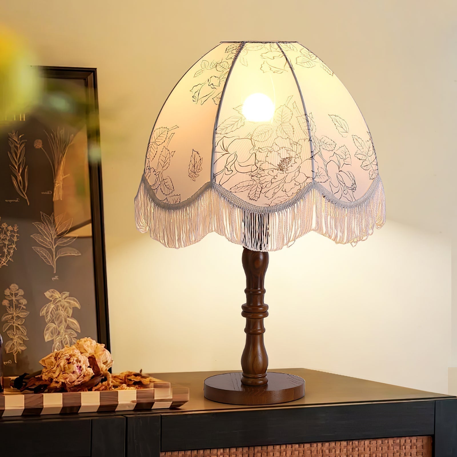 Vintage Printed Tassel Table Lamp with Walnut Wood Base and Fabric Shade for Bedroom