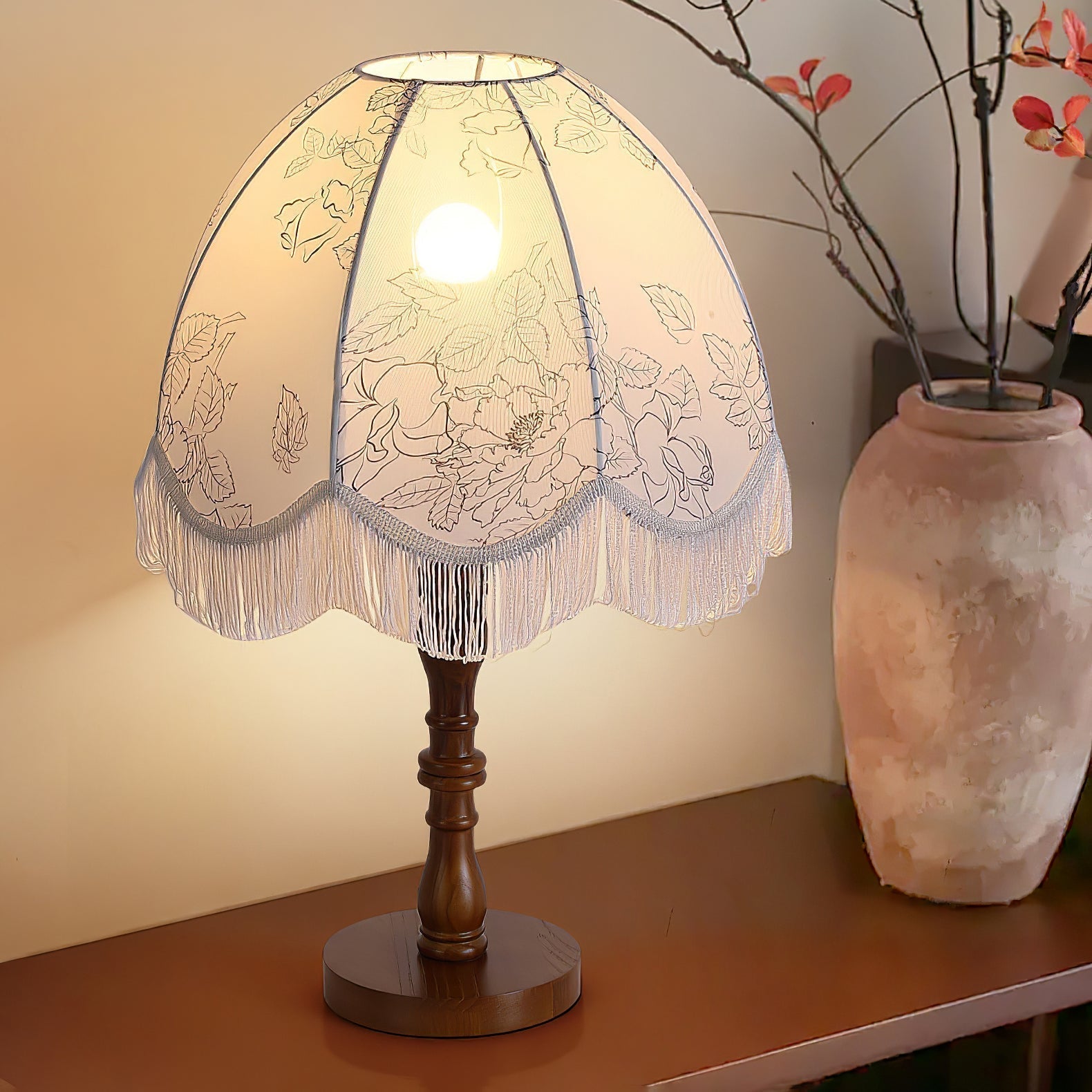 Vintage Printed Tassel Table Lamp with Walnut Wood Base and Fabric Shade for Bedroom