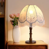Vintage Printed Tassel Table Lamp with Walnut Wood Base and Fabric Shade for Bedroom