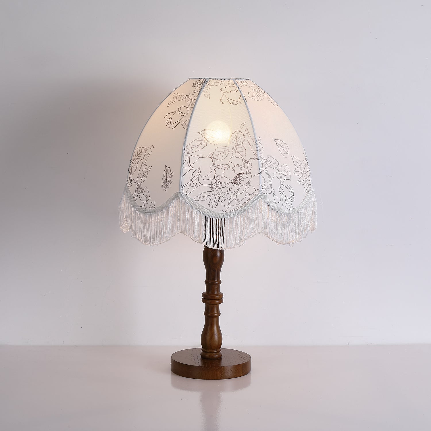 Vintage Printed Tassel Table Lamp with Walnut Wood Base and Fabric Shade for Bedroom