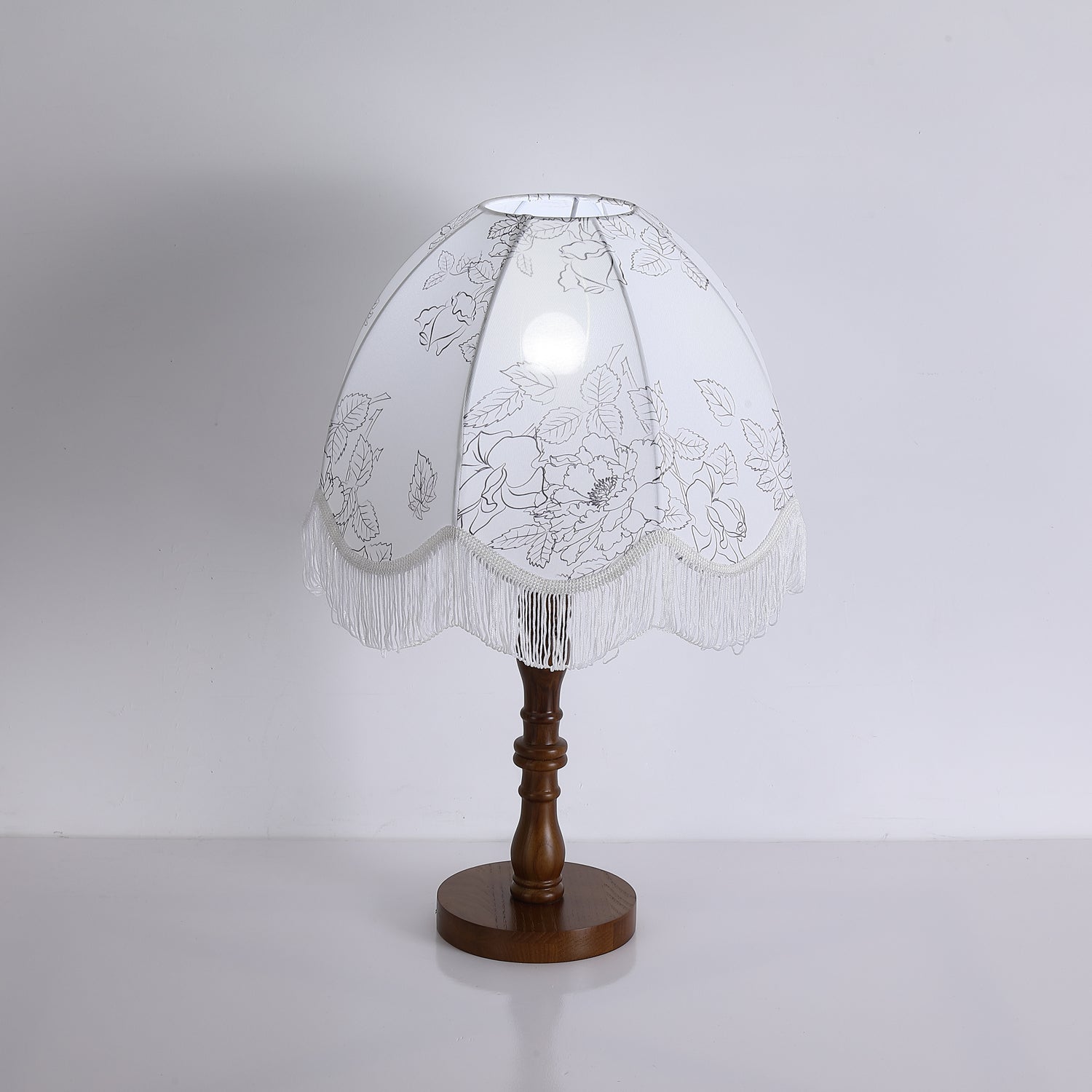 Vintage Printed Tassel Table Lamp with Walnut Wood Base and Fabric Shade for Bedroom