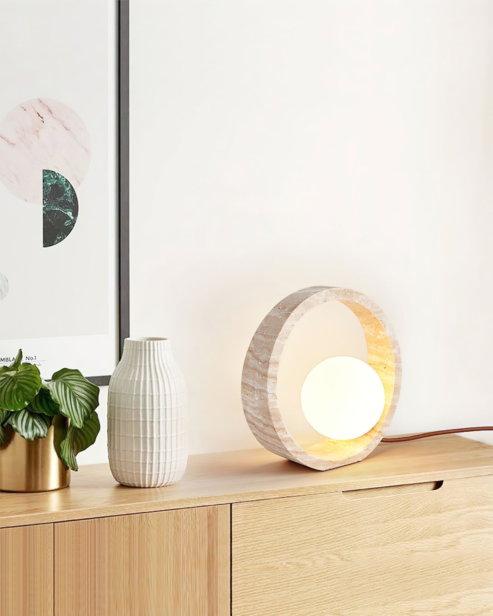 Modern Geometric Travertine Table Lamp Q Circle Portable Indoor Lighting for Bedside