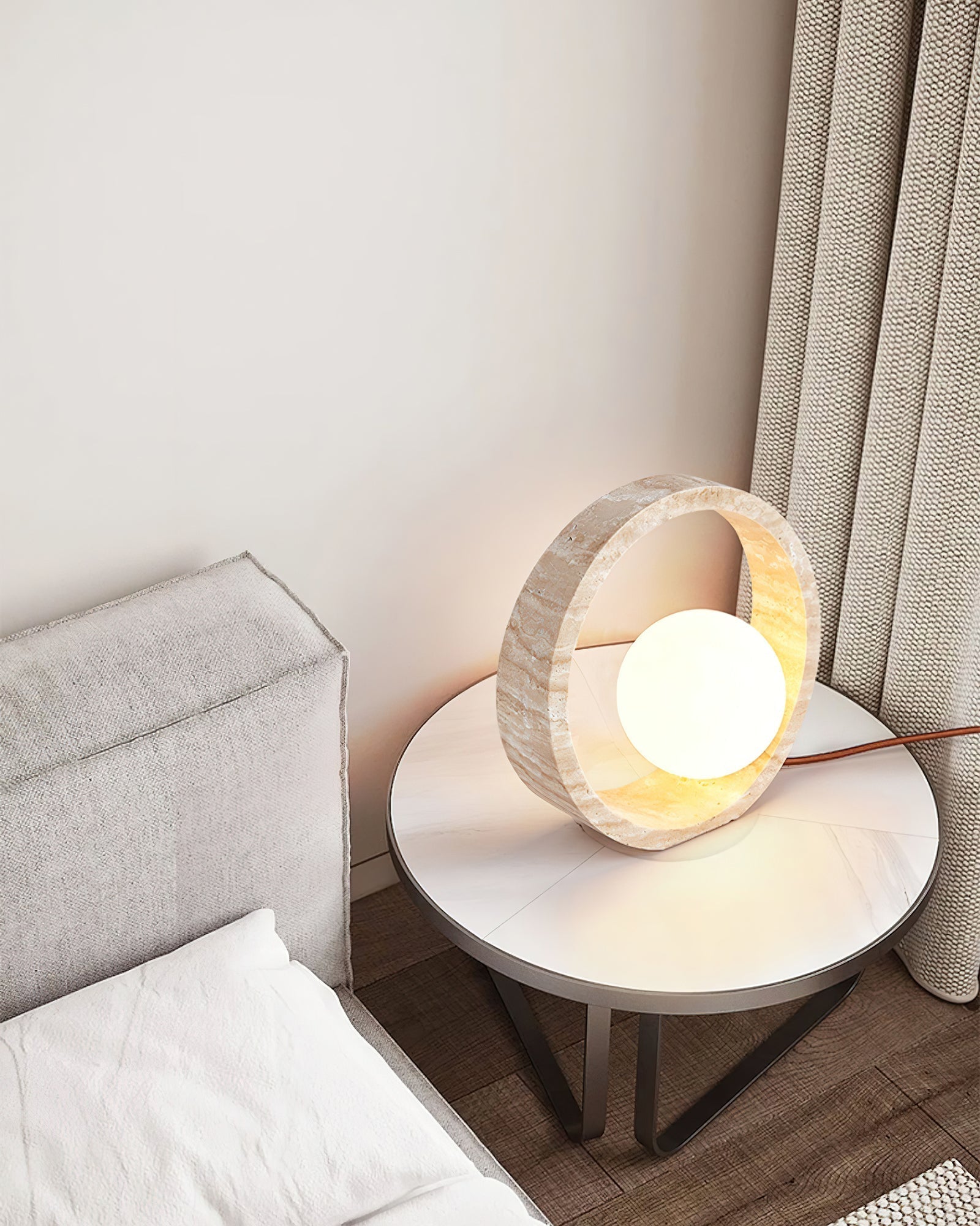 Modern Geometric Travertine Table Lamp Q Circle Portable Indoor Lighting for Bedside
