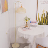 Handwoven Rattan Arched Floor Lamp Modern Beige Standing Light for Living Room