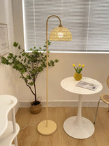 Handwoven Rattan Arched Floor Lamp Modern Beige Standing Light for Living Room