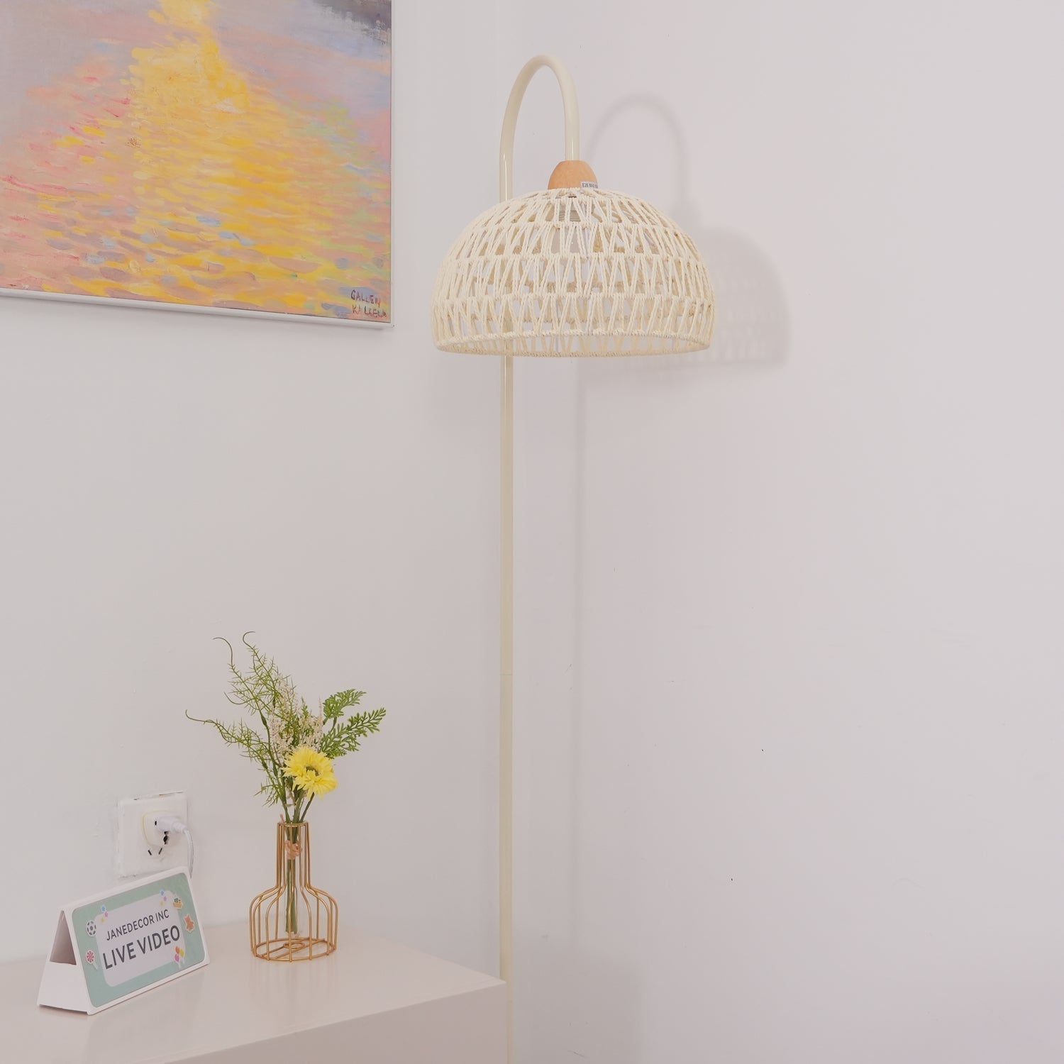 Handwoven Rattan Arched Floor Lamp Modern Beige Standing Light for Living Room