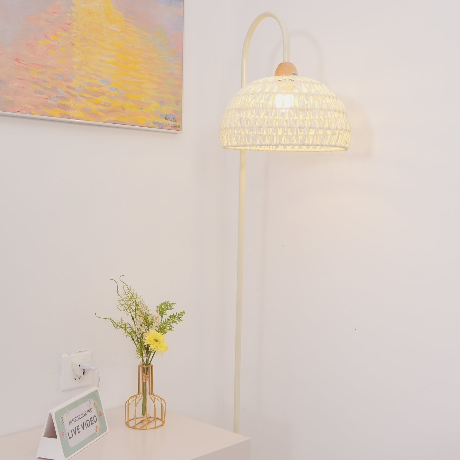 Handwoven Rattan Arched Floor Lamp Modern Beige Standing Light for Living Room