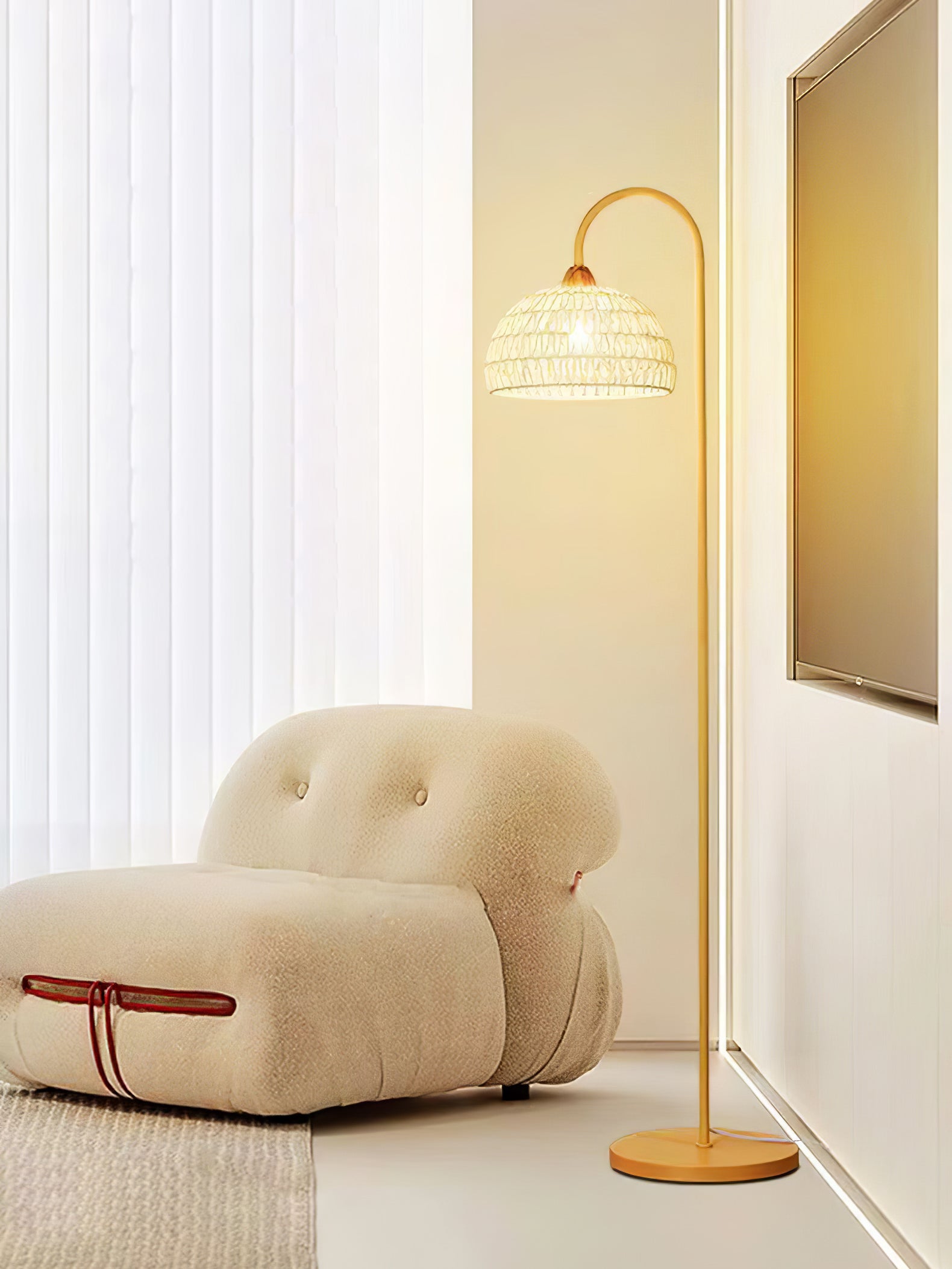 Handwoven Rattan Arched Floor Lamp Modern Beige Standing Light for Living Room