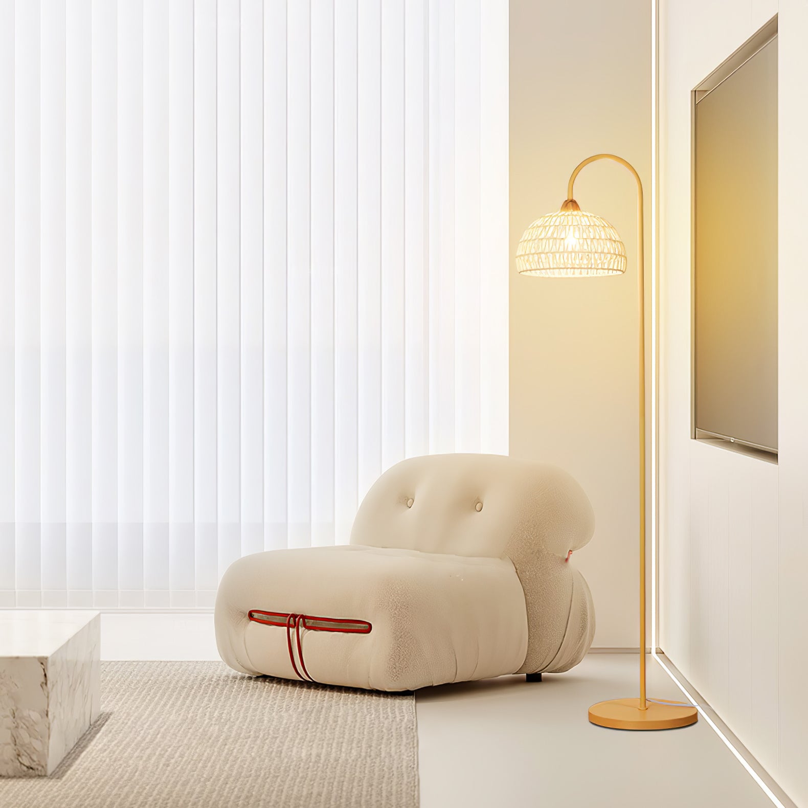 Handwoven Rattan Arched Floor Lamp Modern Beige Standing Light for Living Room