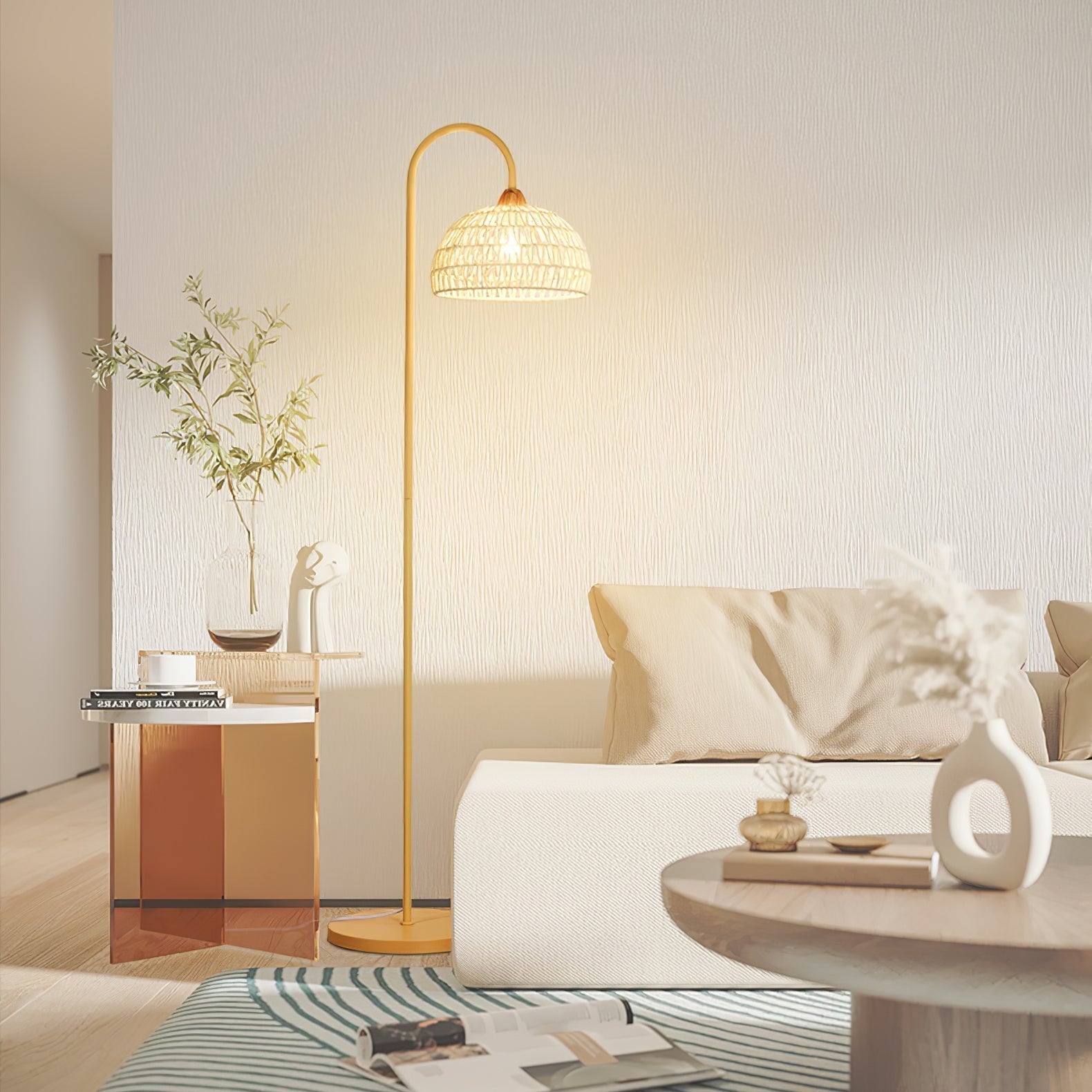 Handwoven Rattan Arched Floor Lamp Modern Beige Standing Light for Living Room