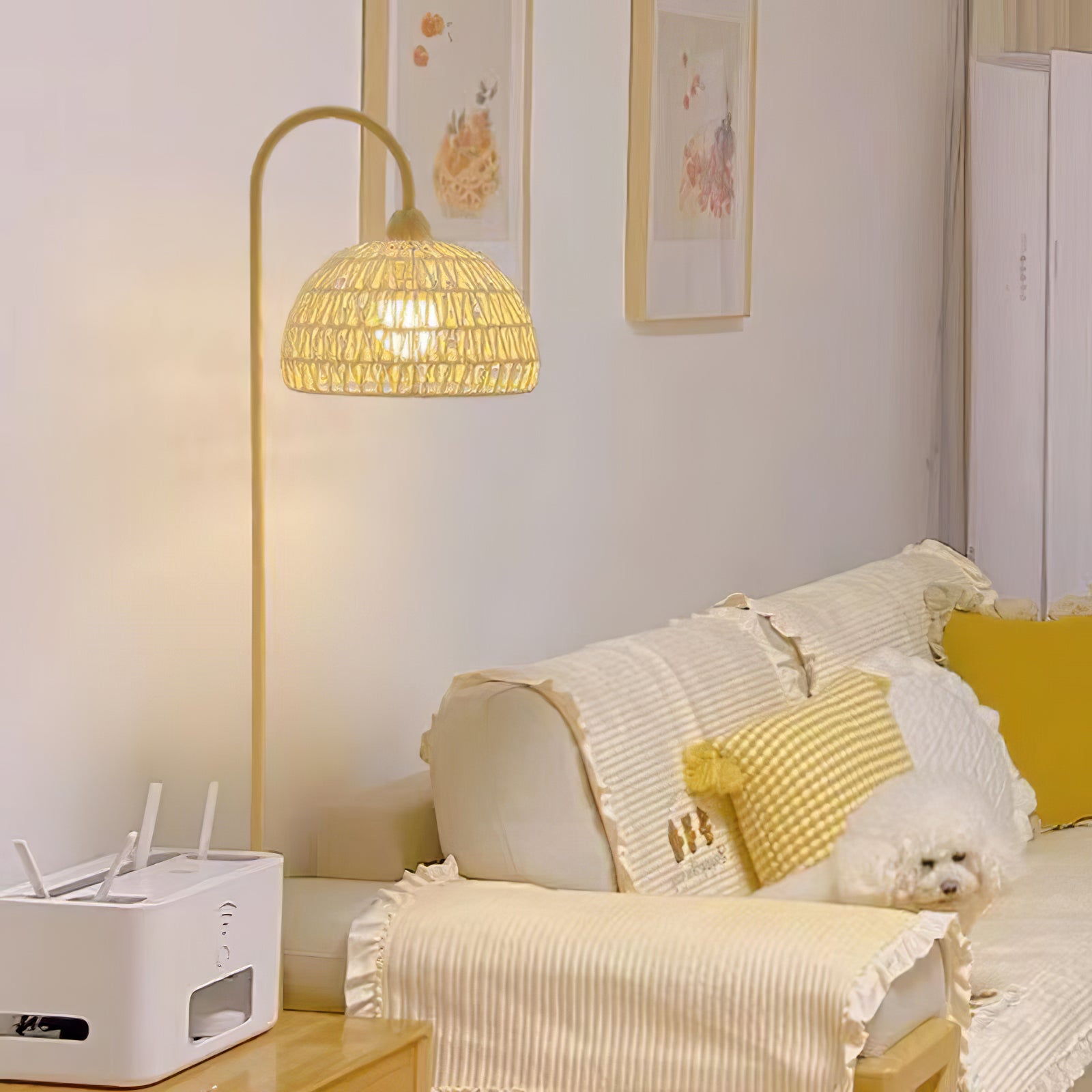 Handwoven Rattan Arched Floor Lamp Modern Beige Standing Light for Living Room