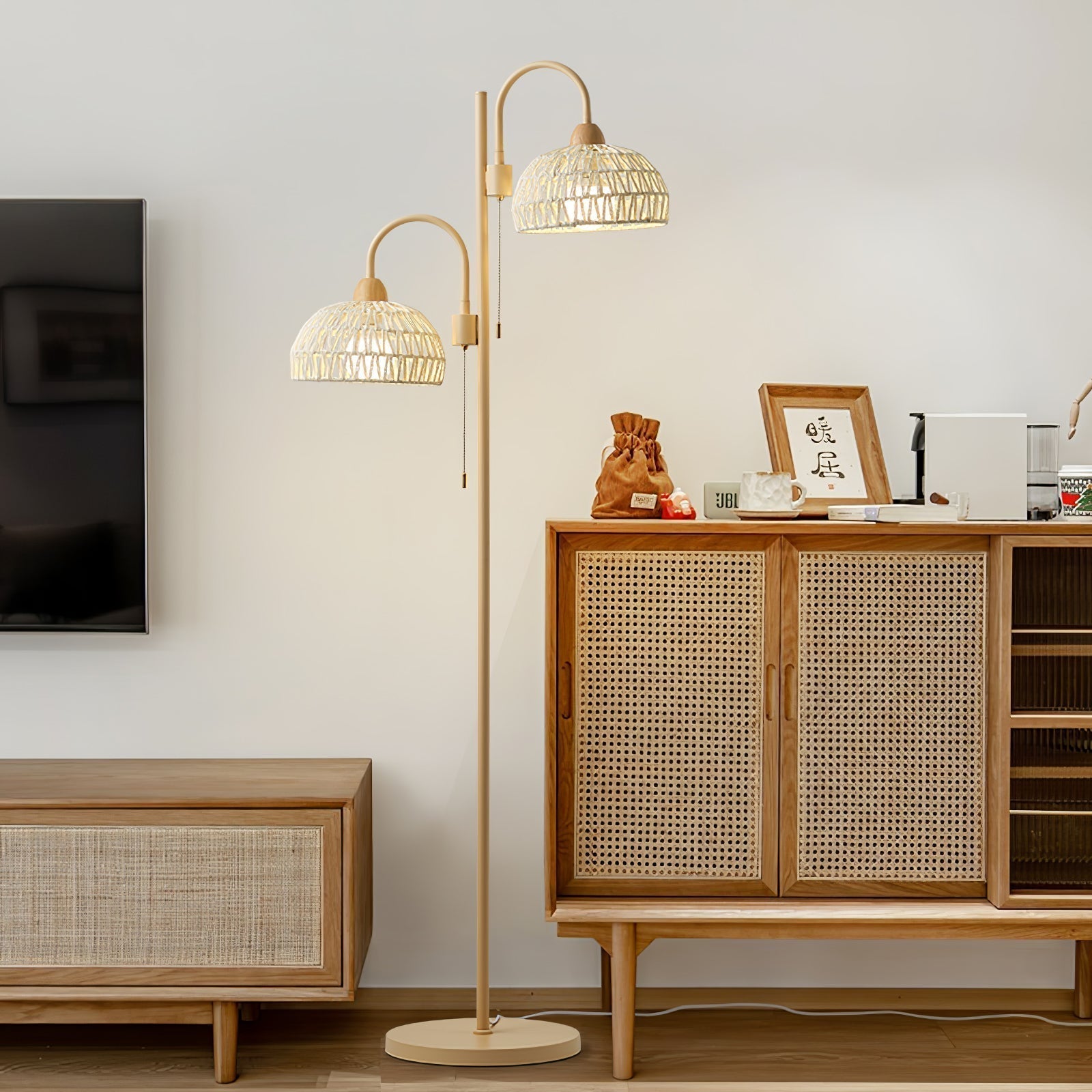 Handwoven Rattan Arched Floor Lamp Modern Beige Standing Light for Living Room