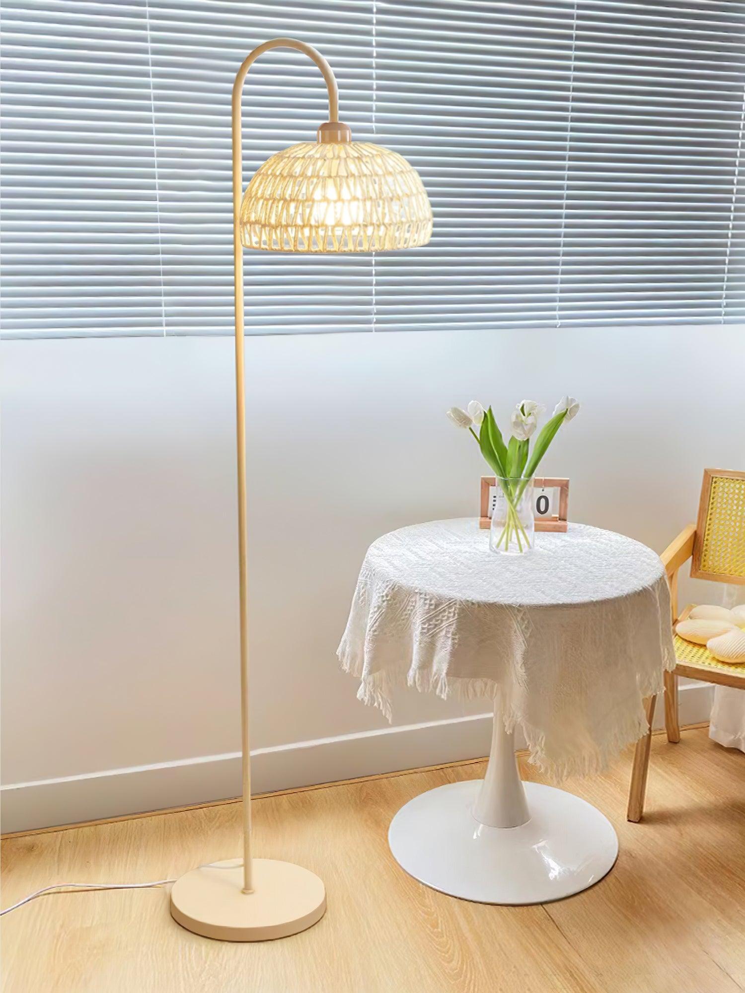 Handwoven Rattan Arched Floor Lamp Modern Beige Standing Light for Living Room