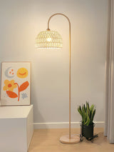 Handwoven Rattan Arched Floor Lamp Modern Beige Standing Light for Living Room
