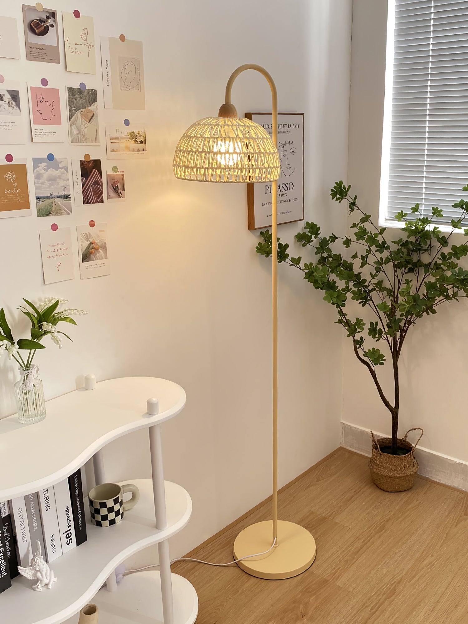 Handwoven Rattan Arched Floor Lamp Modern Beige Standing Light for Living Room