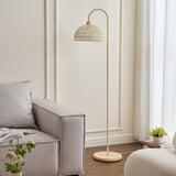 Handwoven Rattan Arched Floor Lamp Modern Beige Standing Light for Living Room
