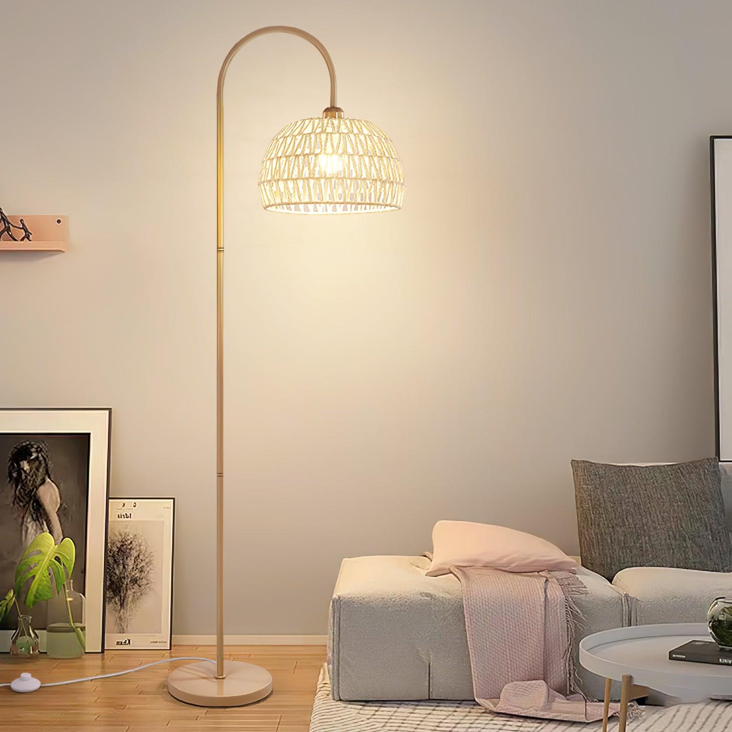 Handwoven Rattan Arched Floor Lamp Modern Beige Standing Light for Living Room