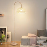 Handwoven Rattan Arched Floor Lamp Modern Beige Standing Light for Living Room