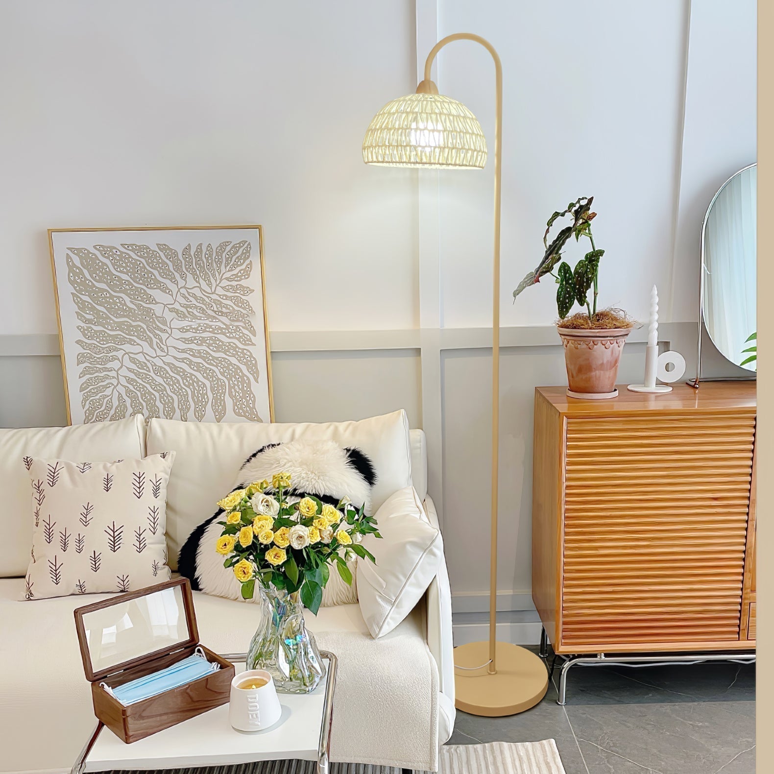 Handwoven Rattan Arched Floor Lamp Modern Beige Standing Light for Living Room