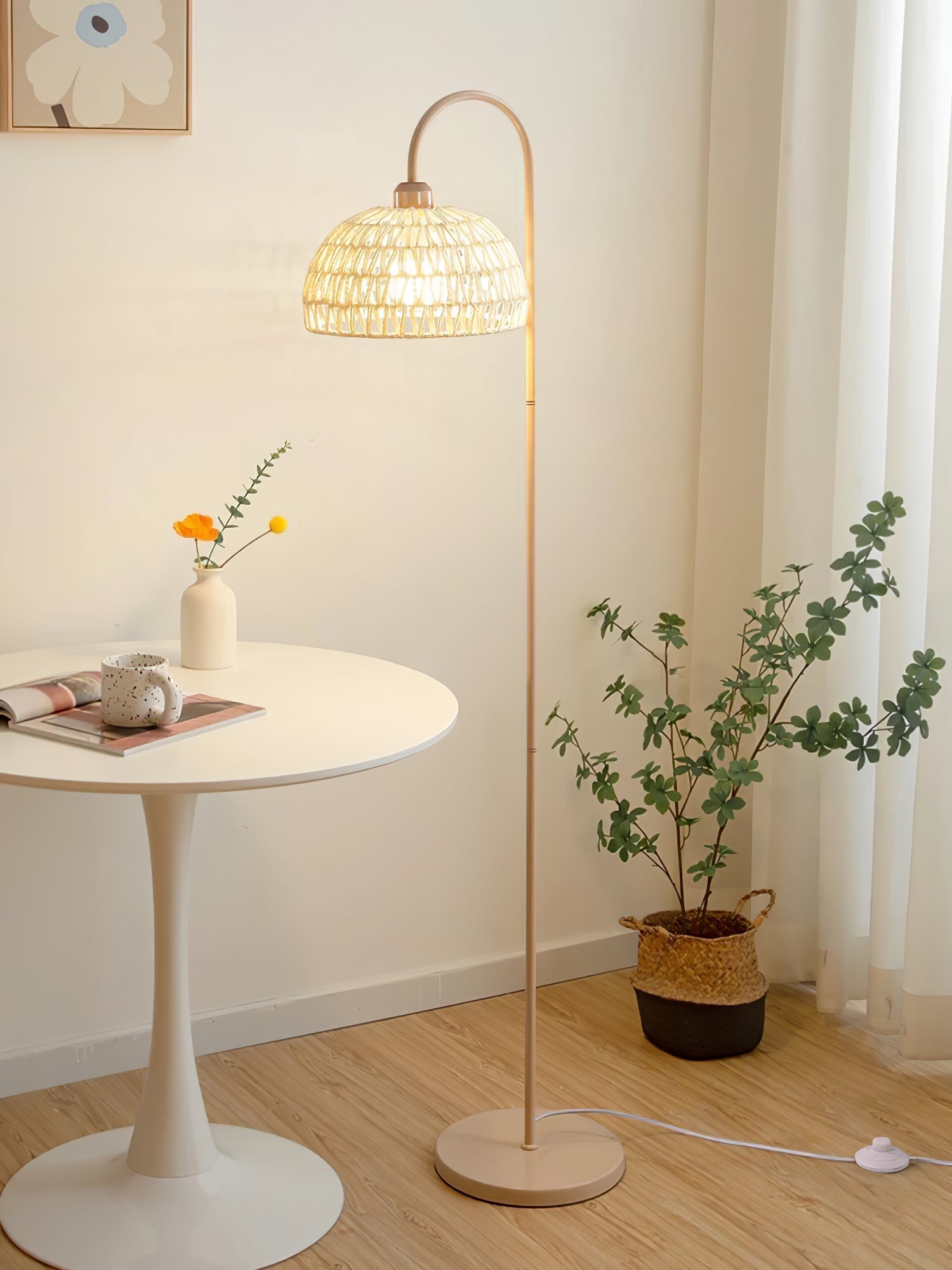 Handwoven Rattan Arched Floor Lamp Modern Beige Standing Light for Living Room