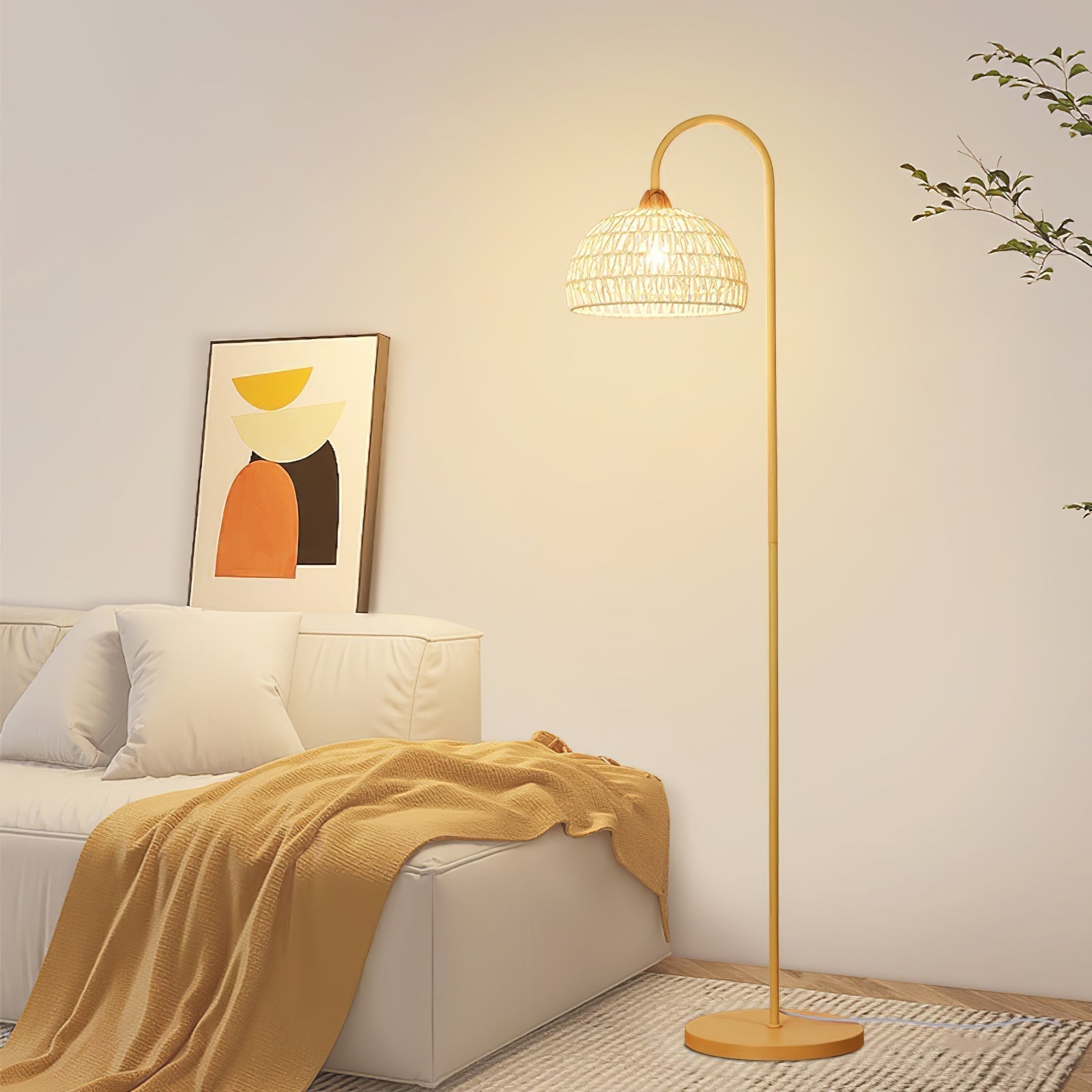 Handwoven Rattan Arched Floor Lamp Modern Beige Standing Light for Living Room