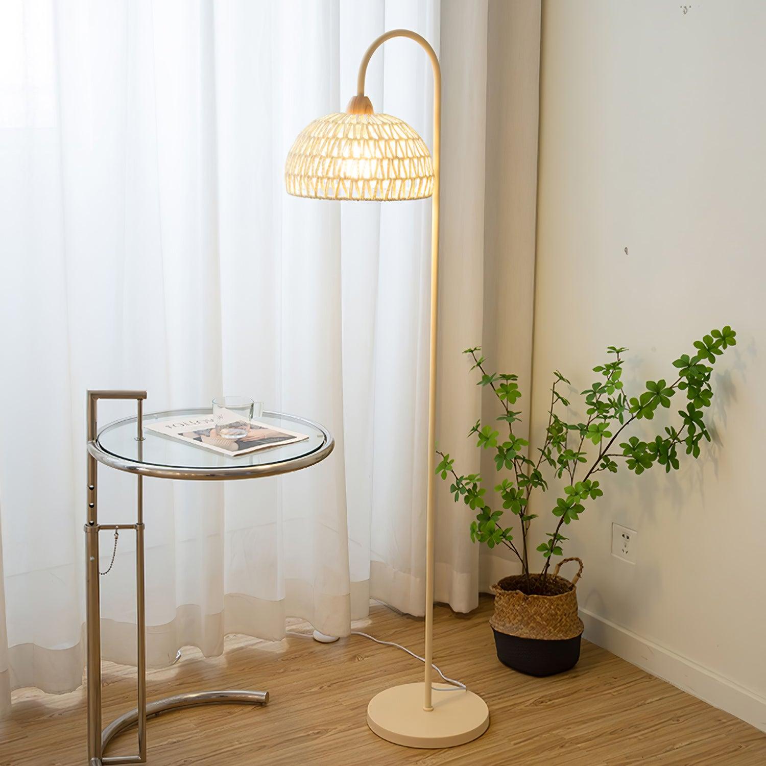 Handwoven Rattan Arched Floor Lamp Modern Beige Standing Light for Living Room