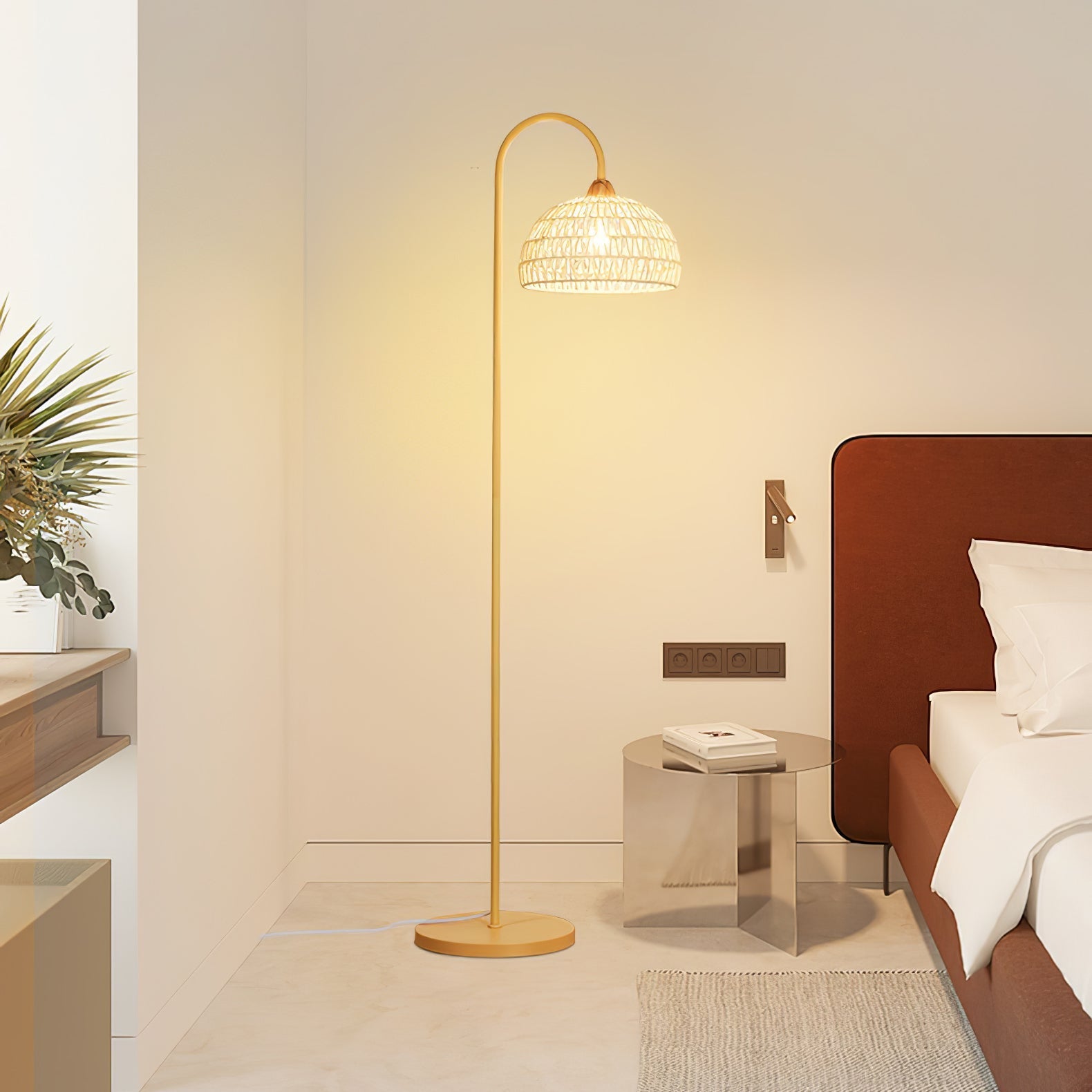 Handwoven Rattan Arched Floor Lamp Modern Beige Standing Light for Living Room