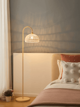 Handwoven Rattan Arched Floor Lamp Modern Beige Standing Light for Living Room
