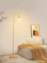 Handwoven Rattan Arched Floor Lamp Modern Beige Standing Light for Living Room