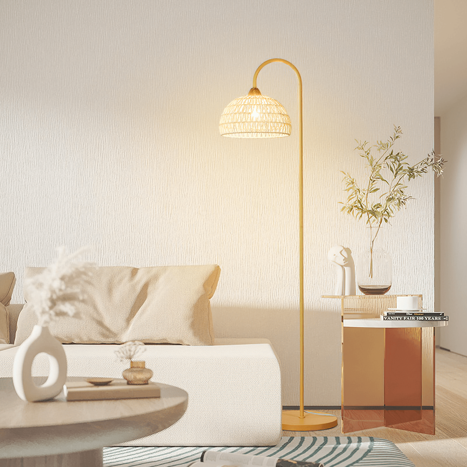 Handwoven Rattan Arched Floor Lamp Modern Beige Standing Light for Living Room