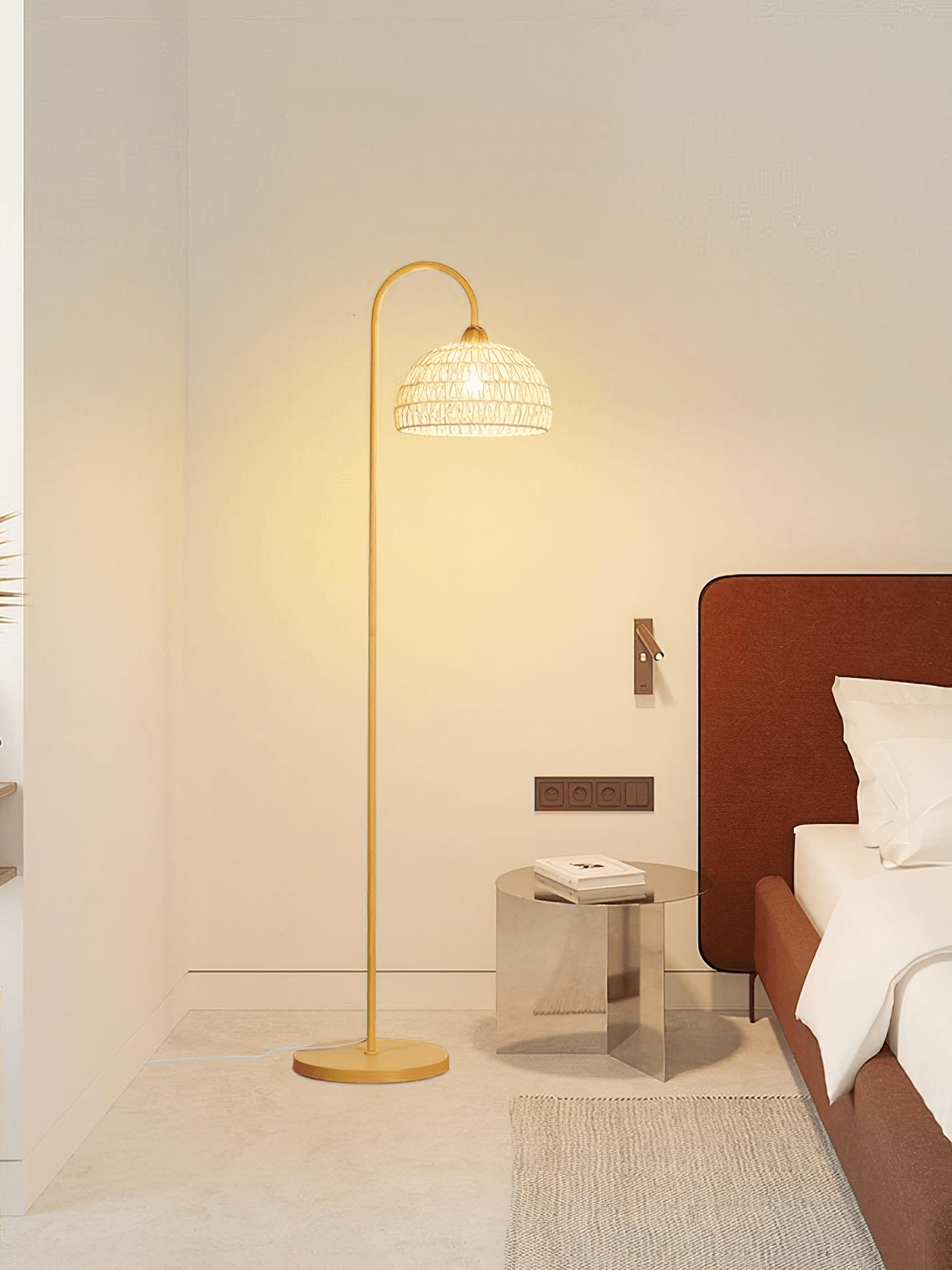 Handwoven Rattan Arched Floor Lamp Modern Beige Standing Light for Living Room